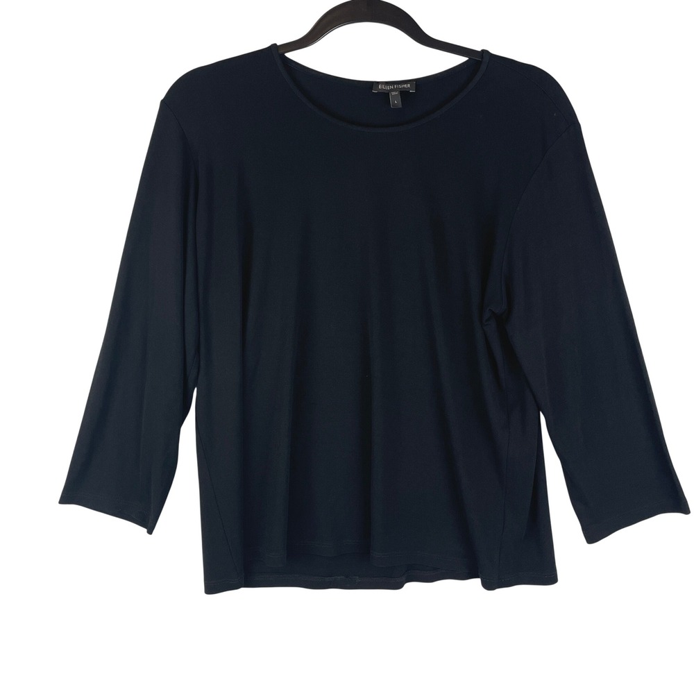 Eileen Fisher Black 100% Silk Jersey Knit 3/4 Sleeve Top EEGK Large